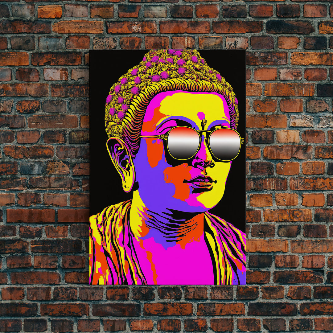 Heatwave Buddha Statue Wearing 80s Style Sunglasses, Framed Canvas Print, Psychedelic Meditation Buddhism Art, Art Deco Sunburst Buddha Art