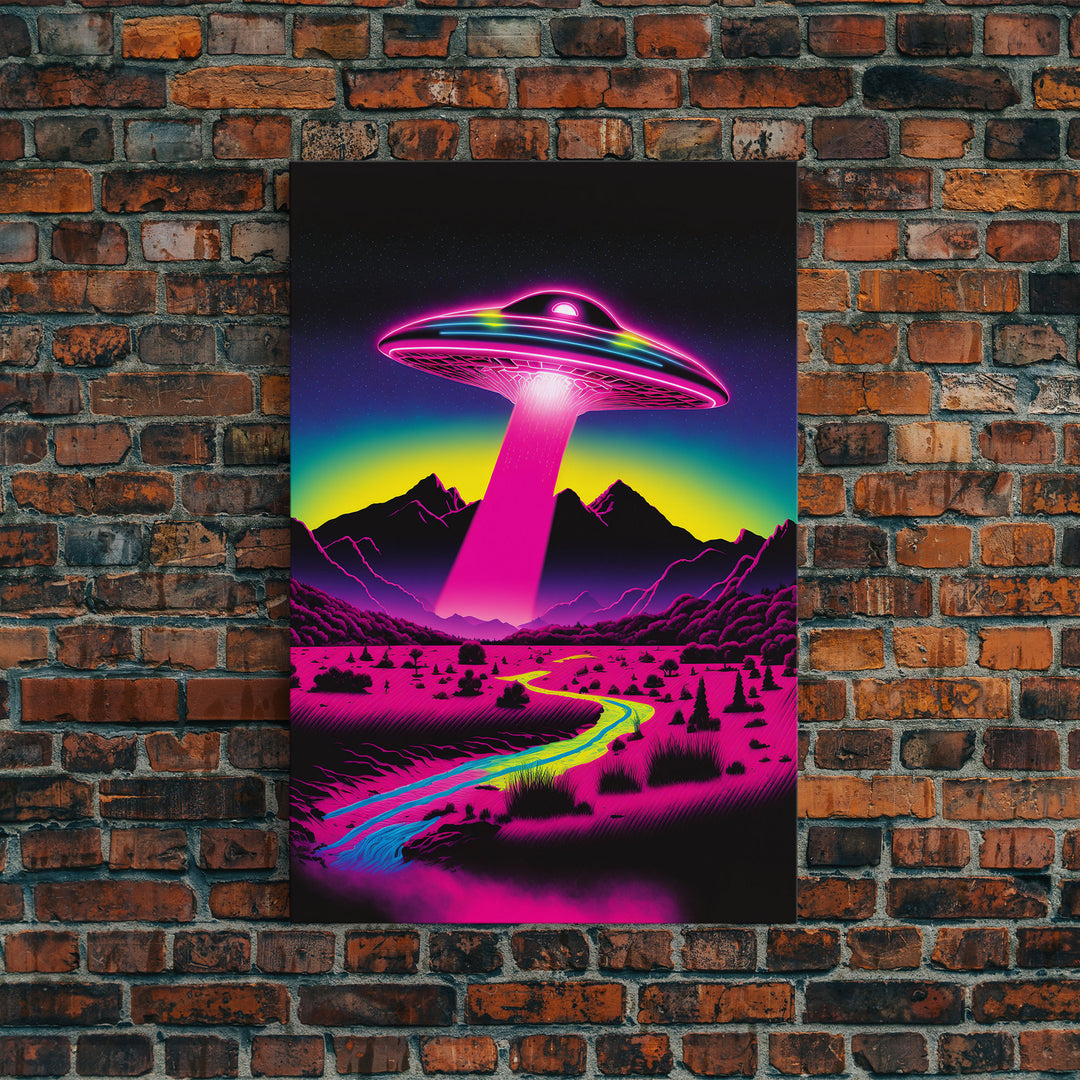 Psychedelic UFO Art, The Abduction, Retro 80s Style Scifi Art, Framed Canvas Print