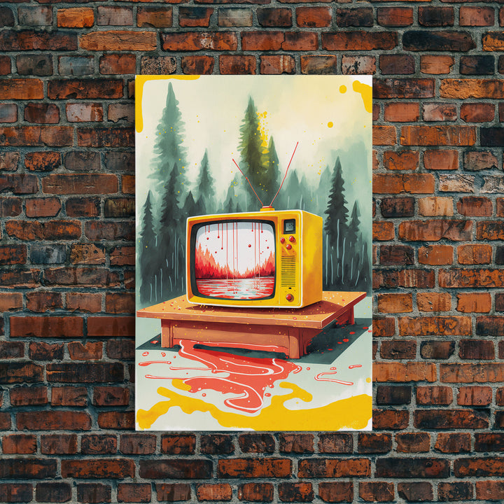 Abstract Surreal Landscape Art, Framed Canvas Print, Retro TV in a Forest, Weird / Strange Home Decor