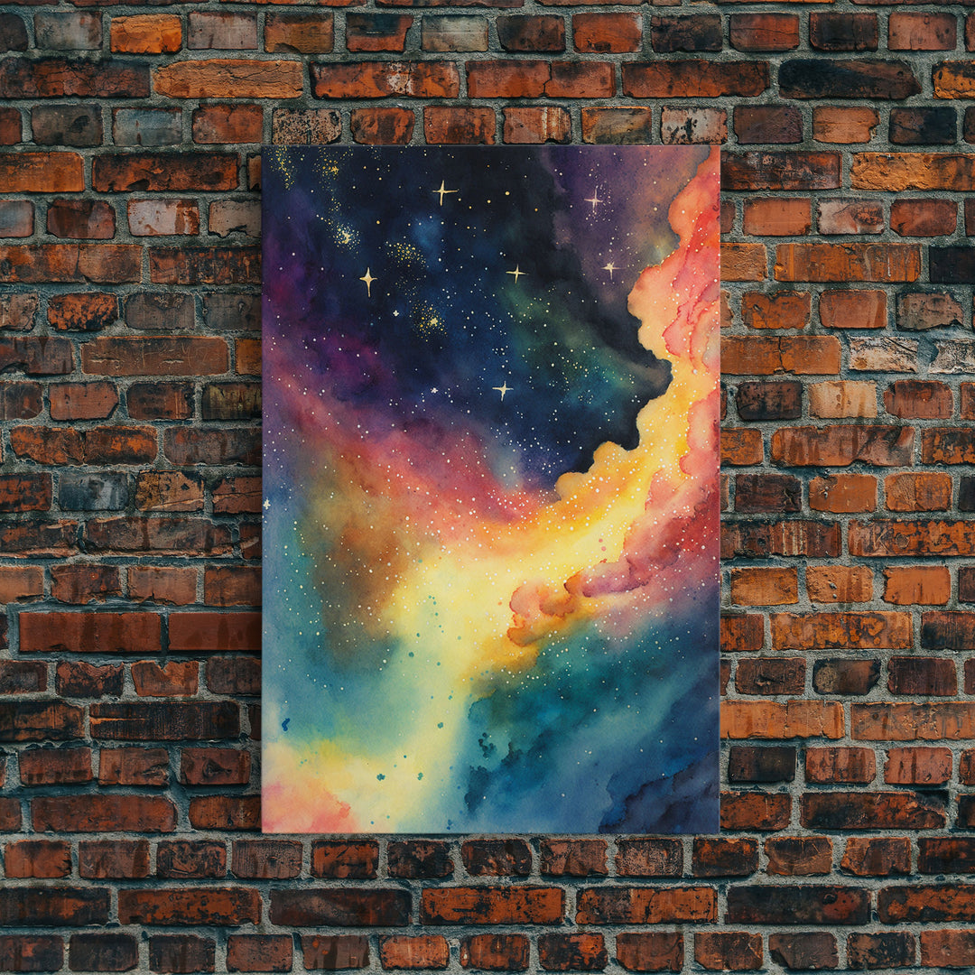 The Rainbow Nebula, Deep Space Art, Framed Canvas Print, Watercolor Painting of Space