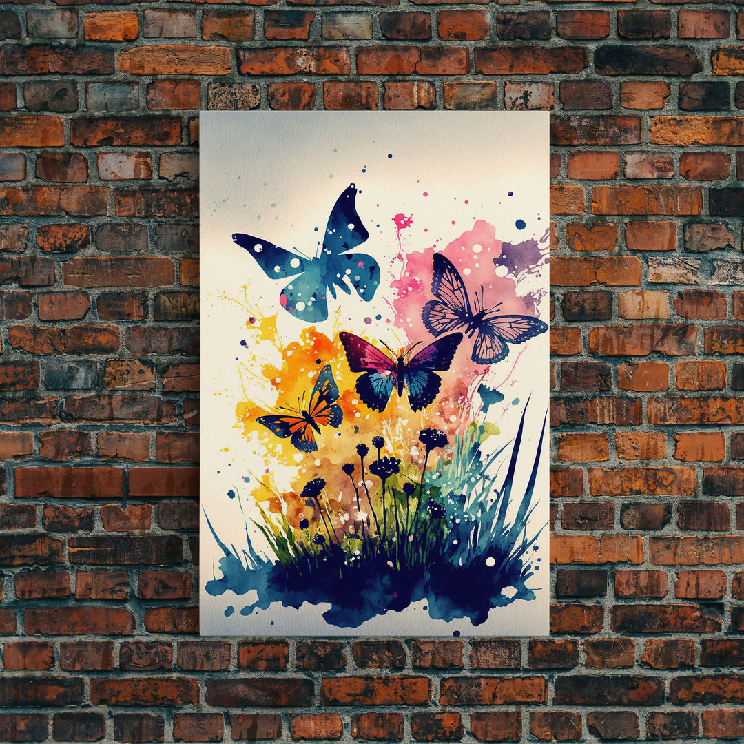 Watercolor Painting Of Butterfly and Wild Flowers, Framed Canvas Print, Colorful Living Room Wall Arrt