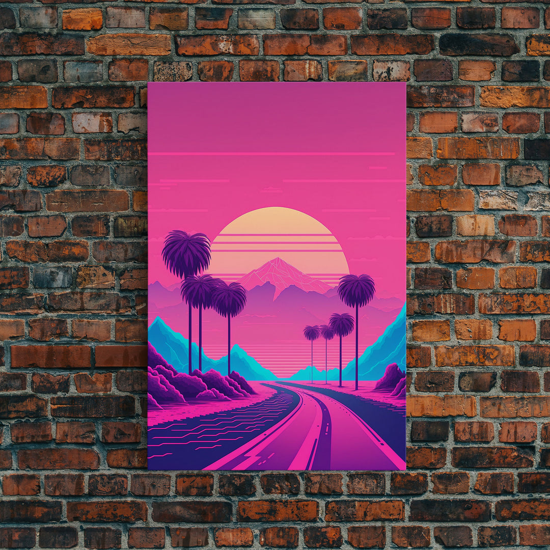 Retro Synthwave 80s Vibes Sunset Over The Mountains and Palm Trees, Highway, Framed Canvas Print