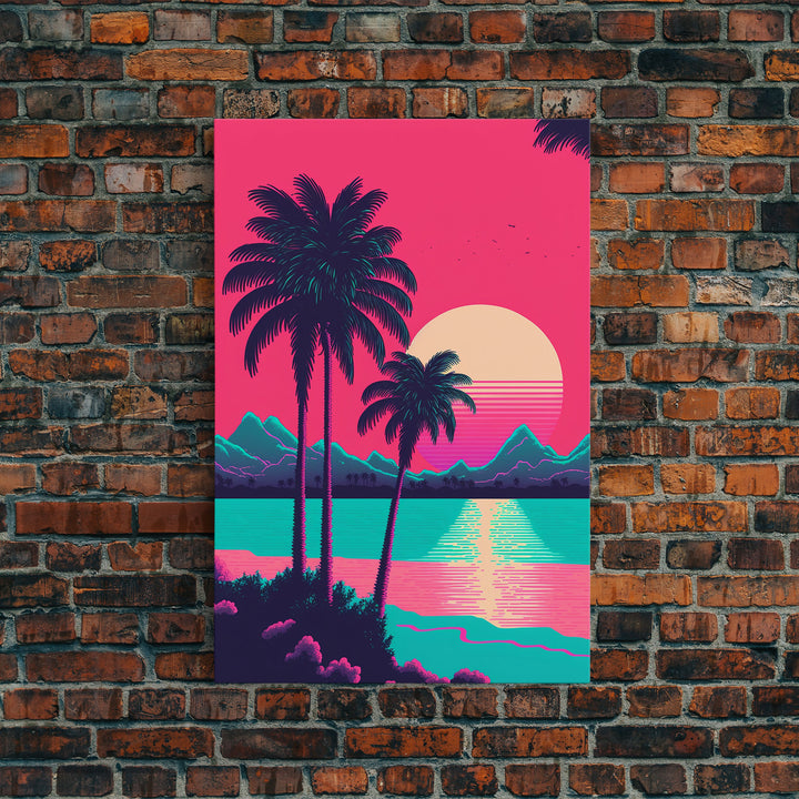 Retro Synthwave 80s Vibes Sunset Over The Mountains and Palm Trees, Highway, Framed Canvas Print