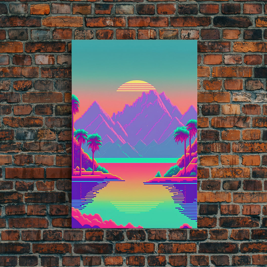 Retro Vaporwave Aesthetic Pixel Art Sunset, Turquoise and Pink Fantasy Landscape Art, Gamer Decor, Game Room Art