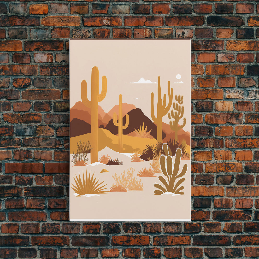 Boho Style Desert Art, Framed Canvas Print, Pueblo Style Cactus and Desert Landscape Art