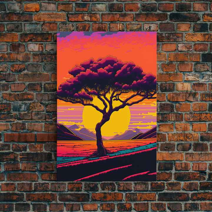 Weeping Willow At Sunset, Retro Style MCM Art, Framed Canvas Print, Trendy Wall Prints, Landscape and Sunset Outrun Art