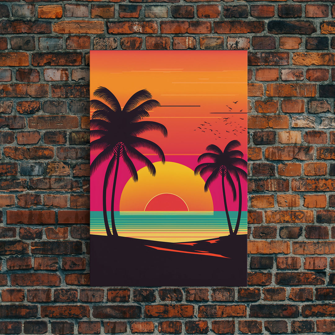 Retro Beach Vibes, Palm Trees at Sunset, Retrowave Landscape Art, Framed Canvas Print,  Florida Art, California Art, Game Room Decor