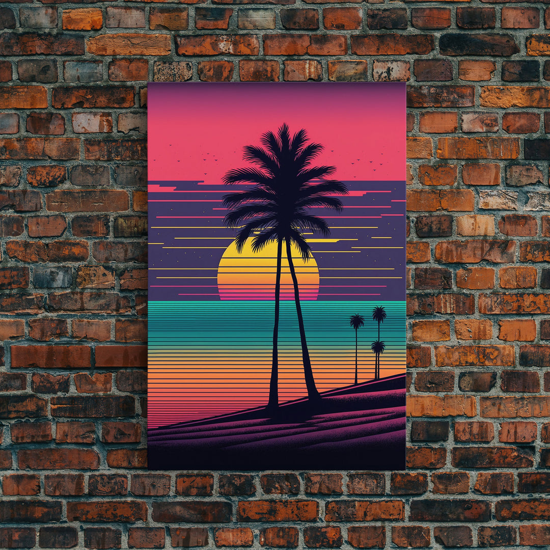 Framed Canvas Print | Art Deco Sunset, Beaches, Pop Art, Palm trees, Retro Style, Island Vibe | Vibrant and Colorful | Retro Style