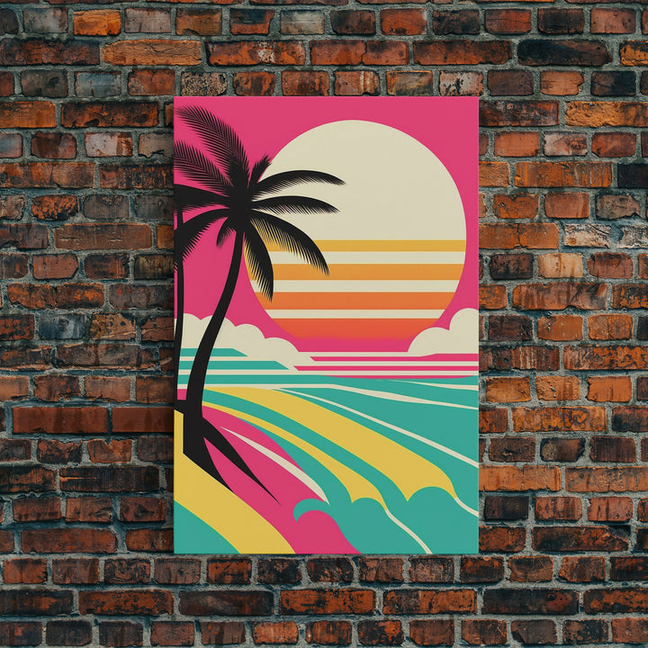 Framed Art Deco Canvas Print - Sunset Beach Scene, Minimalist Palms, Retro Style - Pink and Turquoise Vaporwave Art