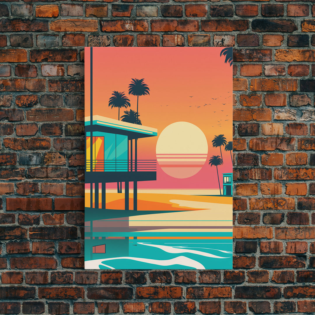 Art Deco Sunset Beach Canvas Print, Minimalist Retro Palmtree Vibe, Vaporwave Art, 80s Retro Vibes, Miami Inspired Art