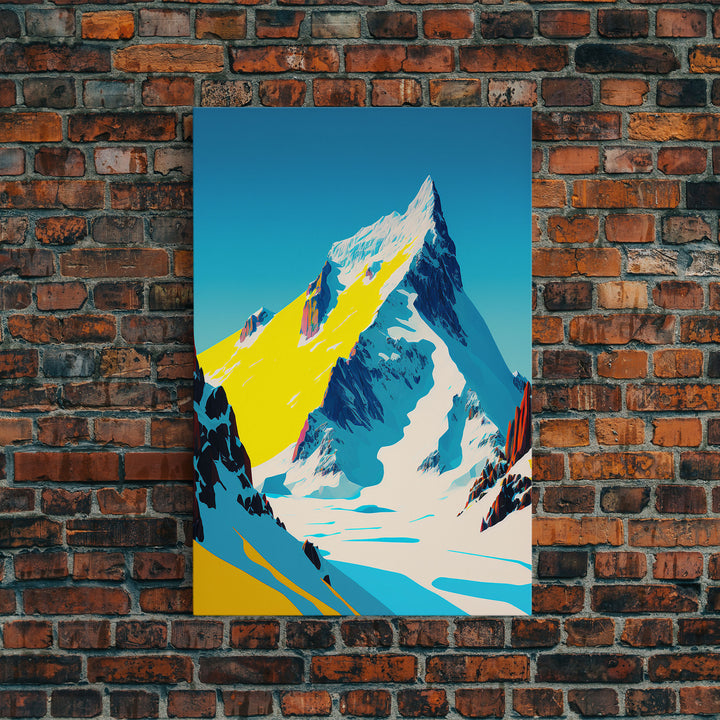 Retro Mount Everest Landscape Art, Framed Canvas Print, Retro Style Painting, Snow Capped Peaks, Orange Landscape, Minimalist MCM Art