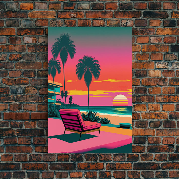 Framed Canvas Print – Art Deco Sunset Beach, Minimalist, Retro, Palm Trees, Synthwave, Vaporwave, Island Vibes, Lounging, Synthwave Deco