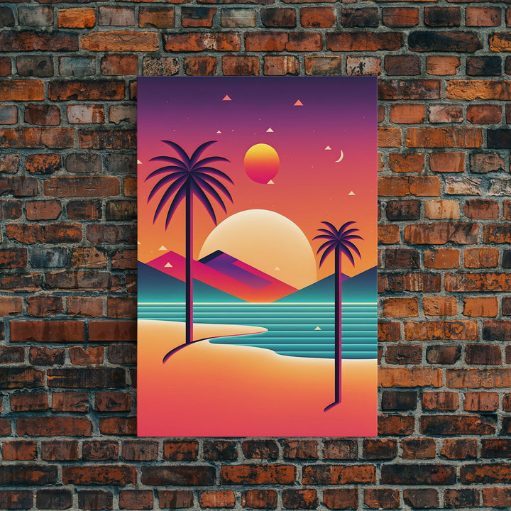 Framed Canvas Print | Art Deco Sunset | Retro Style | Palm Trees | Island Vibes | Desert Pyramids and Palm Trees | Desert Art