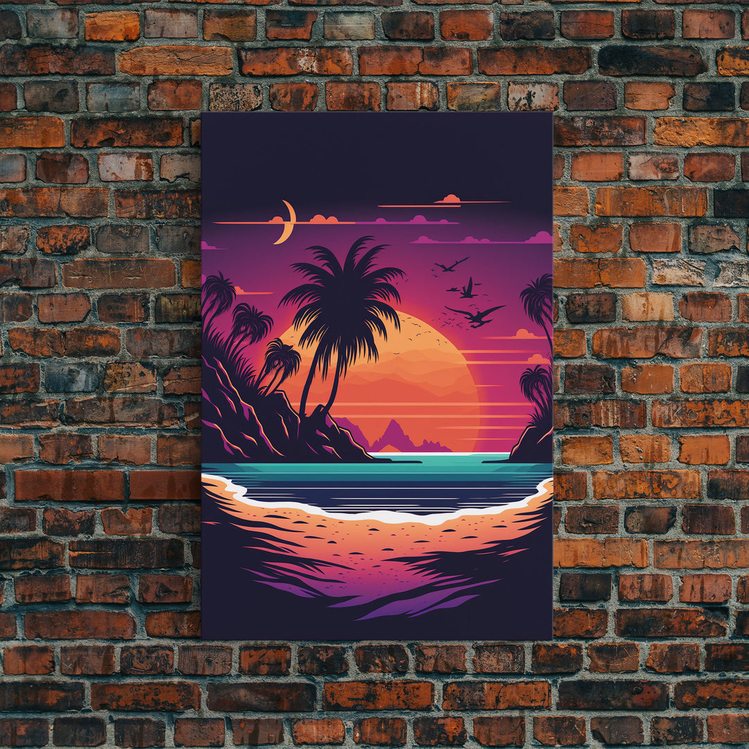 Framed Canvas Print - Pop Art Style Beach at Sunset with Palm Trees - Retro Style - Living Room / Office / Bedroom Wall Art