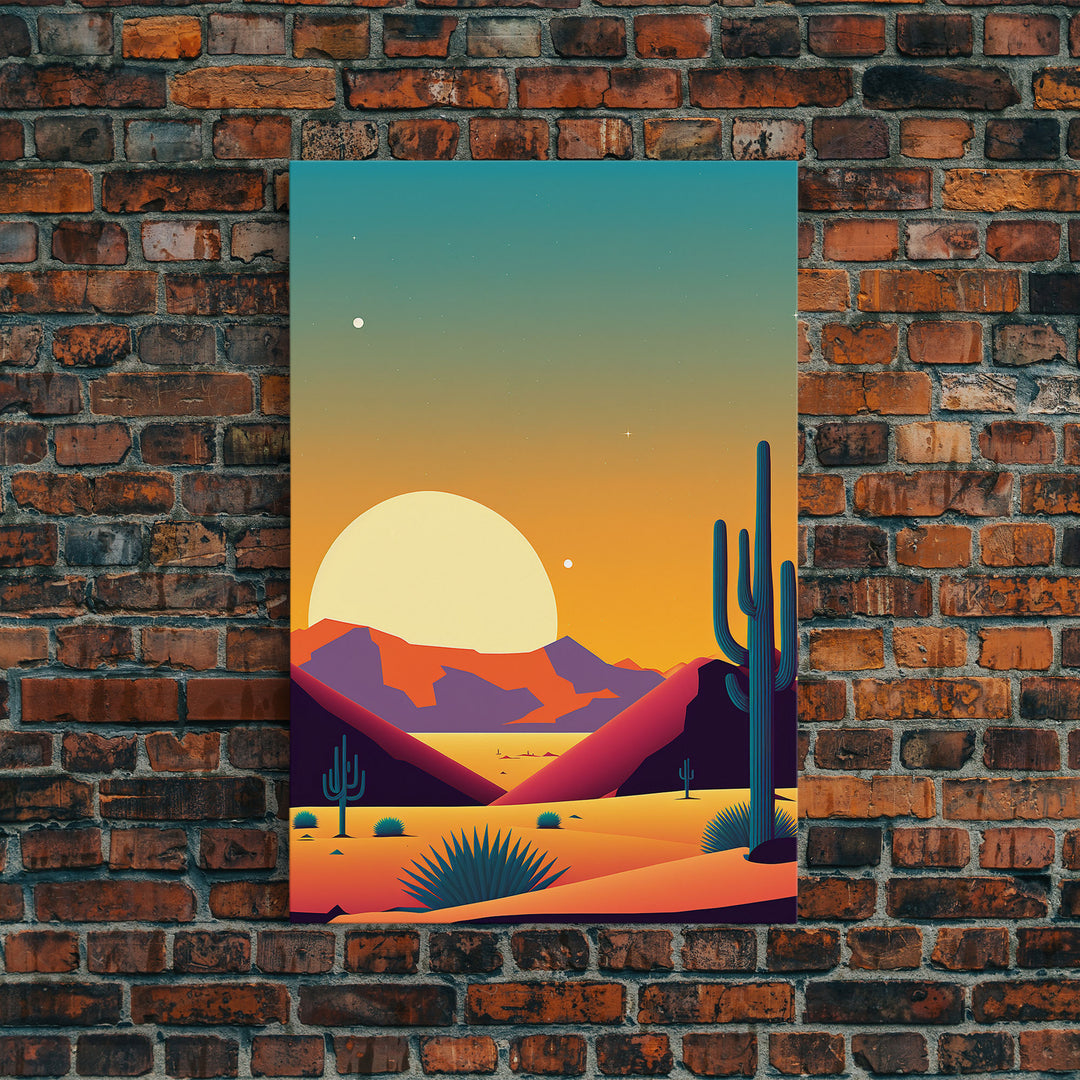 Framed Canvas Print - Pop Art Desert Landscape at Sunset - Ready to Hang Wall Art - Retro Desert Prints - Minimalist Art