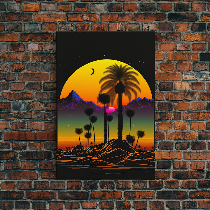 Pop Art Framed Canvas Print of Desert Landscape at Sunset, Outrun Style Sunset Full Moon Art, Unique 80s Vibe Retro Art