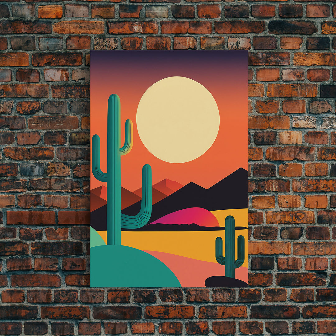 Pop Art Framed Canvas Print of Desert Landscape at Sunset, Outrun Style Sunset Full Moon Art, Unique 80s Vibe Retro Art, Art Deco