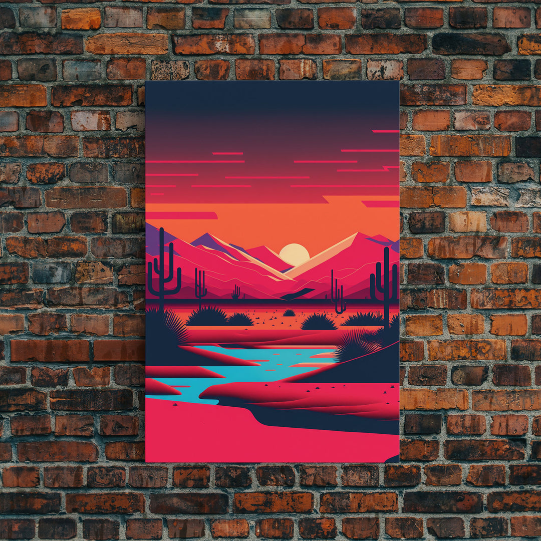 Retro Synthwave Desert Landscape Art, Framed Canvas Print, Unique Sunset Art, Living Room Wall Decor, Framed Art