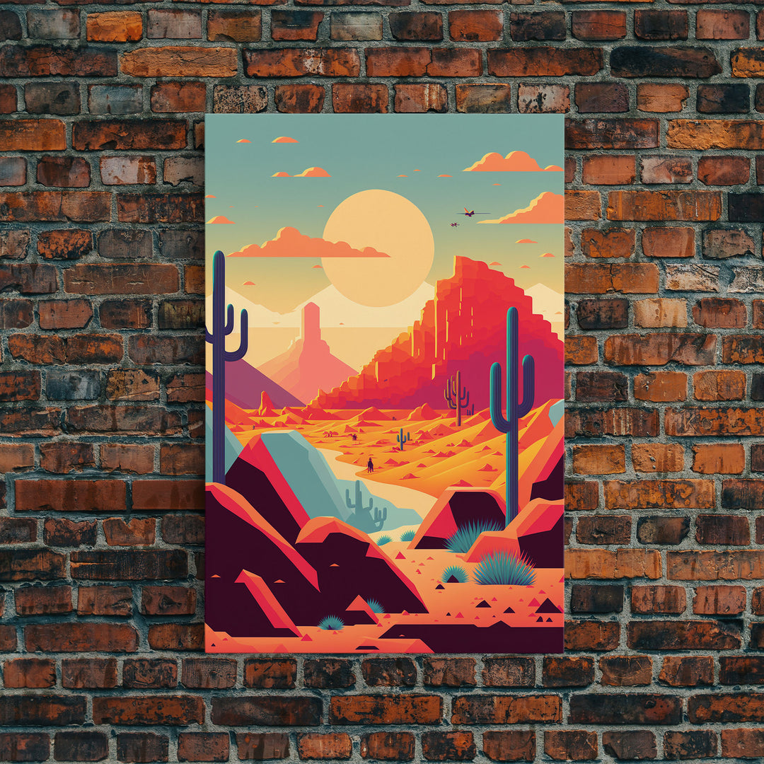 Retro Synthwave Desert Landscape Art, Framed Canvas Print, Unique Sunset Art, Living Room Wall Decor, Framed Art, Southwest Decor