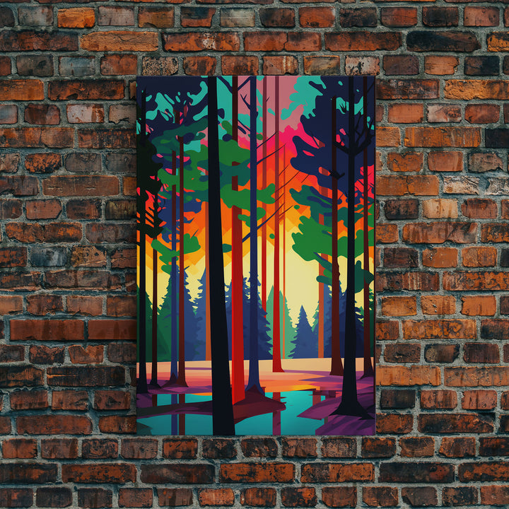 Silhouette Forest Landscape, Framed Canvas Print, Pop Art Minimalist Landscape Art