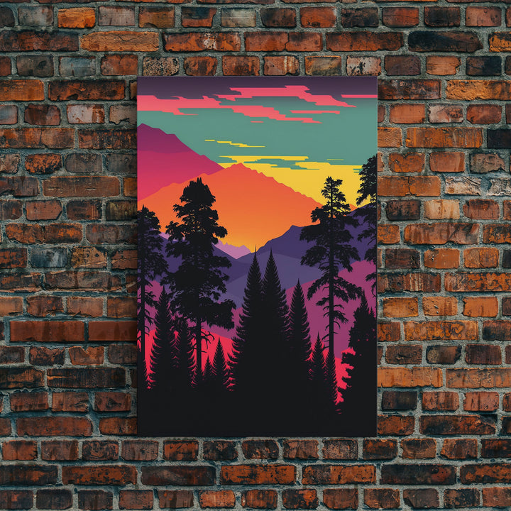 Pacific Northwest Pop Art, Framed Canvas Prints, Washington State, Pine Tree Forest and Mountain Landscape at Sunset, Vibrant Art