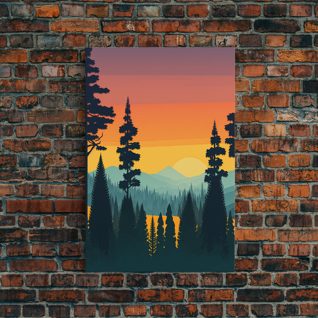 Oregon Landscape Pop Art, Framed Canvas Prints, Washington State, Pine Tree Forest and Mountain Landscape at Sunset, Vibrant Art