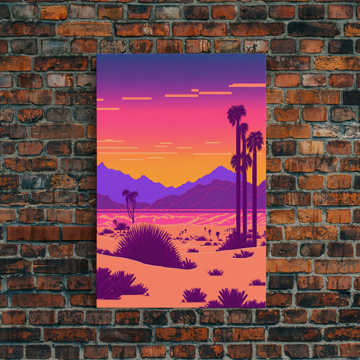 Retro Outrun Style Desert Landscape Print, Framed Canvas Art, Synthwave Style, Southwestern Decor, Western Art, Guest Room Decor