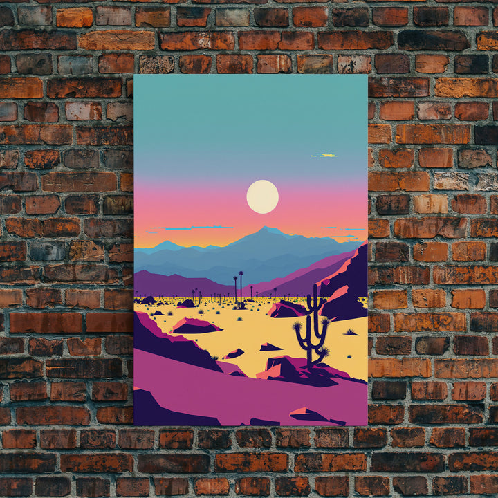 Synthwave Desert Landscape, Subdued Pastel Nature Art, Southwestern Decor, Framed Canvas Print, Pink and Turquoise Skies