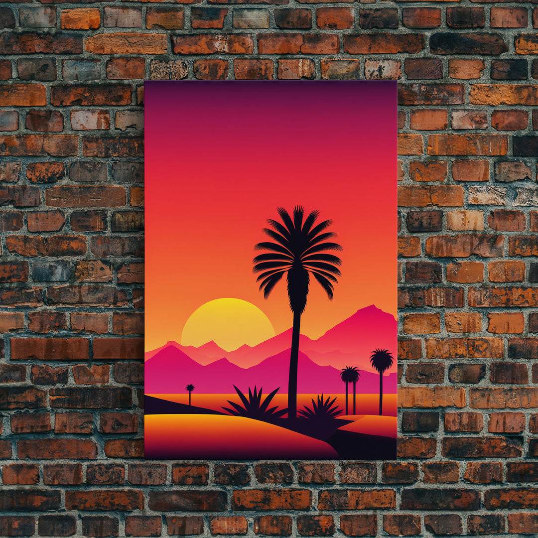 Palm Trees at Sunset, Synthwave Decor, 80s Retro Vibes Landscape Art, Framed Canvas Print