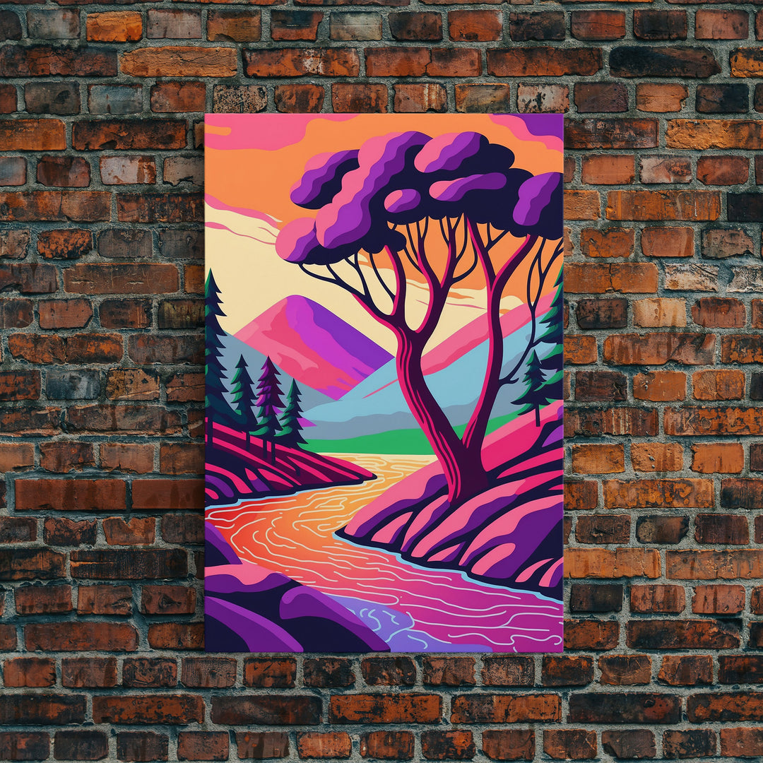 Surrealist Pop Art, Pink Fantasy Landscape Art, Framed Canvas Print