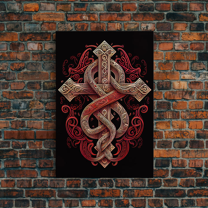 Cool Cross Art | Wall Art | Gothic Cross | Framed Canvas Print | Framed Art | Red and White Cross & Snake