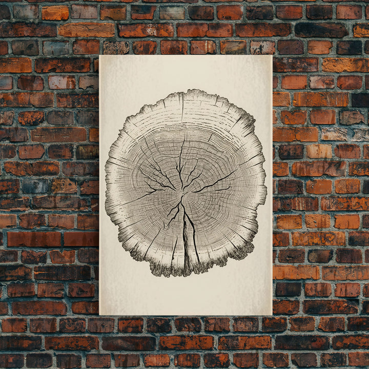 Framed Wall Art Canvas Print, Tree Cross Section, Tree Rings, Rustic Art, Farmhouse Decor, Oak Wood Tree Rings, Illustration, Gift For Him