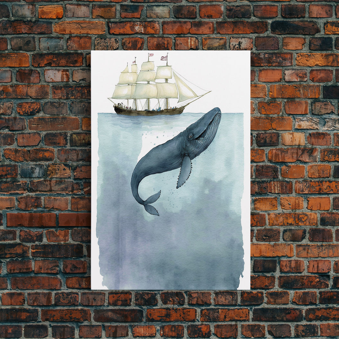 Framed Wall Art Blue Whale Painting, Watercolor Painting, Whale Print, Whale and Boat, Whale Nursery, Humpback Whale, Framed Wall Art