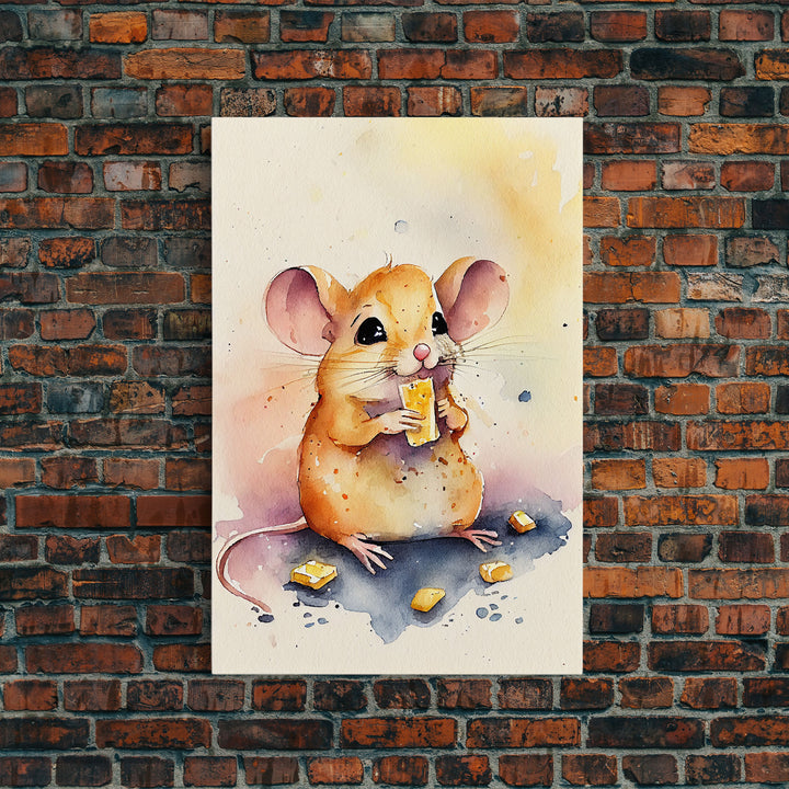 Mouse monchin' some cheese Watercolor Print, Mouse Art Painting, Framed Canvas Print, Cute mouse cartoon