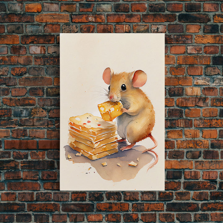 Mouse eatin' some cheese Watercolor Print, Mouse Art Painting, Framed Canvas Print, Cute mouse cartoon