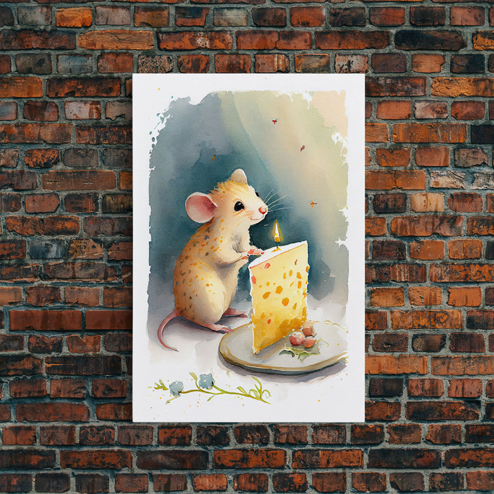 Cute mouse birthday party Watercolor Print, Mouse Art Painting, Framed Canvas Print, Cute mouse cartoon