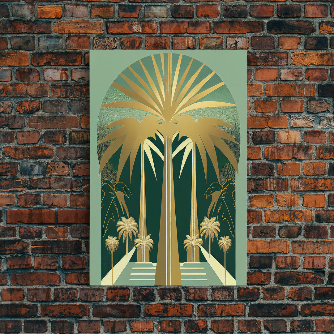 Boho Modern Frank Lloyd Wright-inspired Art Deco Canvas Print, Emerald Green and Gold Palm Tree, wall decor, wall art original, MCM Art