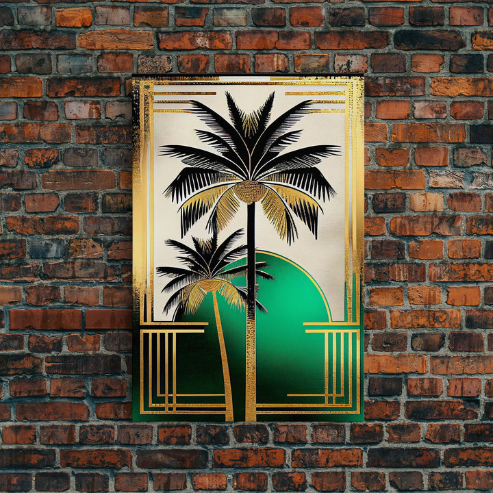 Boho Modern Frank Lloyd Wright-inspired Art Deco Canvas Print, Emerald Green and Gold Palm Tree, wall decor, wall art original, MCM Art