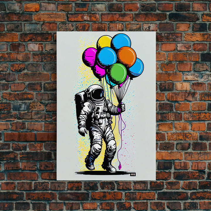 Urban Wall Art, Banksy Inspired, Astronaut Holding Colorful Balloons, Framed Canvas Print, Graffiti Art