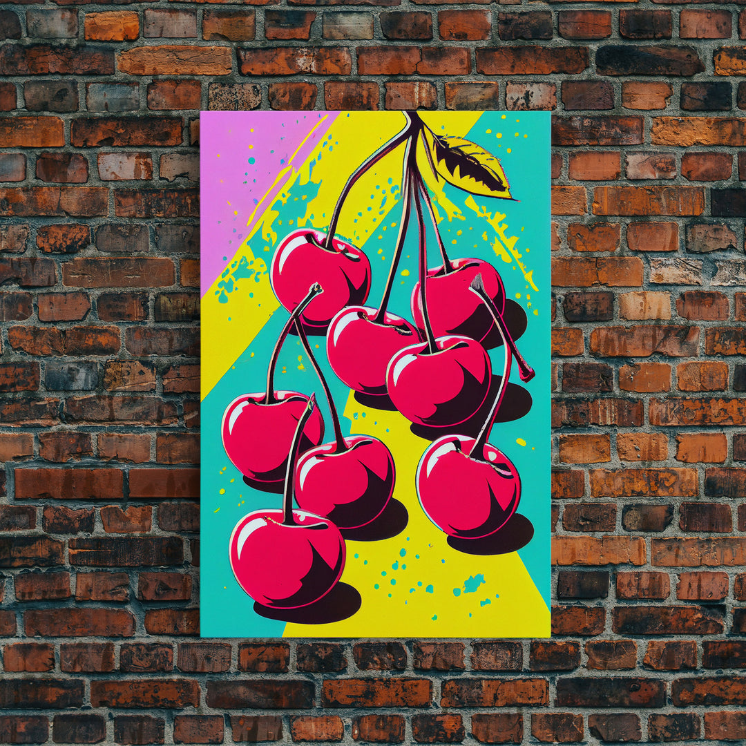 Pop Art Cherry Painting Canvas Print, Framed Art, MCM Style, Midcentury Modern Pop Art, Retro Comic Book Style Wall Art