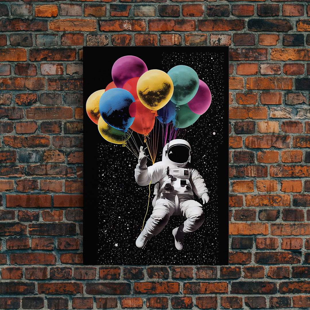 Urban Wall Art, Banksy Inspired, Astronaut Holding Colorful Balloons, Framed Canvas Print, Graffiti Art, Space Art