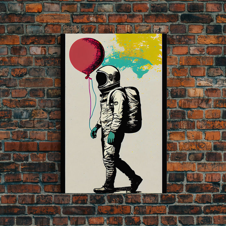 Urban Wall Art, Banksy Inspired, Astronaut Holding Colorful Balloons, Framed Canvas Print, Graffiti Art, Space Art