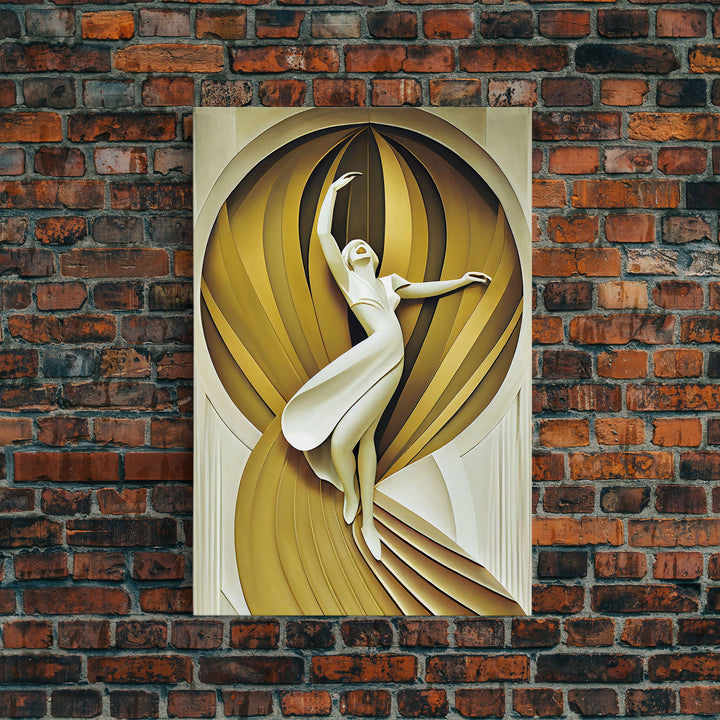 Art Deco Sculpture Canvas Print, Framed Wall Art, 1930s Inspired Retro Art, White and Gold Ballerina