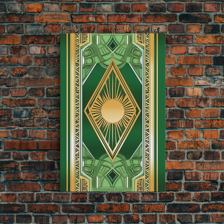 Midcentury Modern Wall art, Framed Canvas Print, Art Deco, Gold & green art, Framed painting, Original painting, Office decor, Geometric art