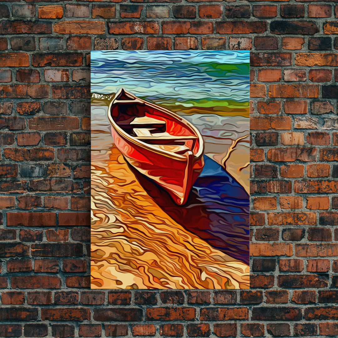 Abandoned Canoe On The Lake, Framed Canvas Print, Oil Painting Style, Abstract Wall Art, Lakehouse Wall Decor, Boho Art