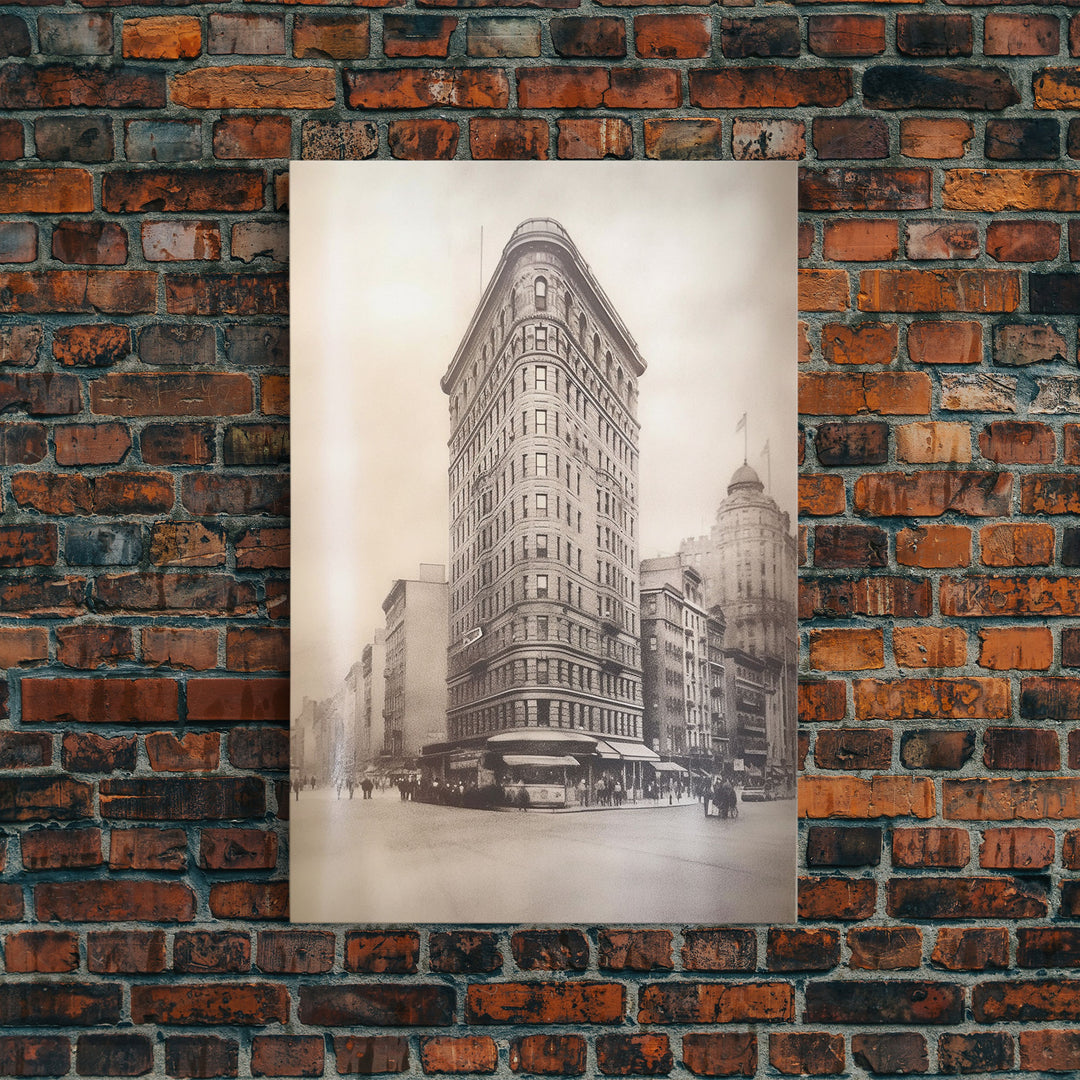 NYC Flat Iron, New York City Art, Framed Canvas Print, Charcoal Drawing, Original Art, Wall Decor, Black And White Art