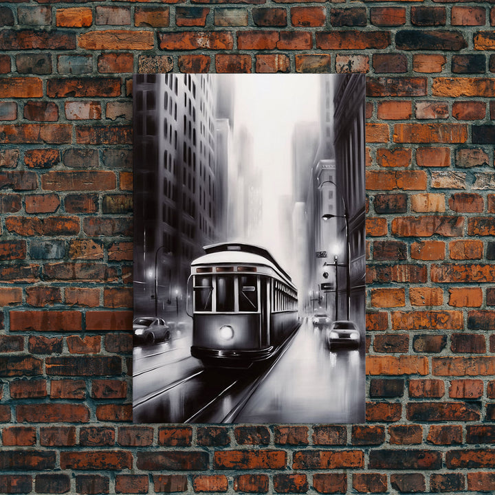 Brooklyn Street Car Trolley, Framed Canvas Print, Retro Charcoal Drawing of NYC in The Rain