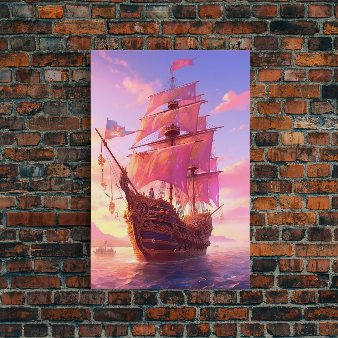 Gothic Pirate Ship at Sunset, Framed Canvas Print, Fantasy Wall Art, Wall Decor, Pirate Wal Art, Gift For Him, Kid's Room Art