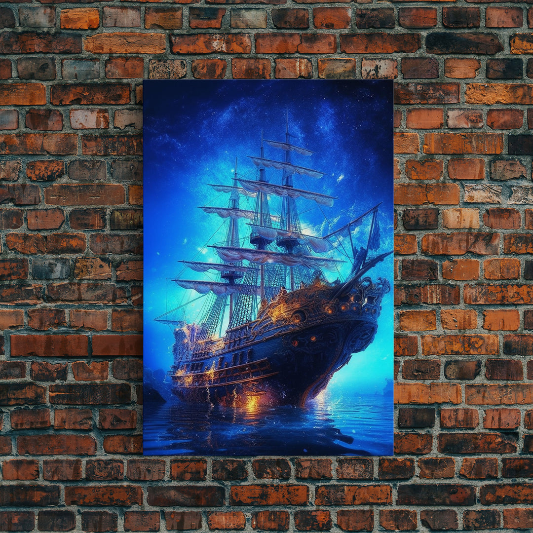 Haunted Pirate Ghost Ship Under The Night Sky, Framed Canvas Print, Fantasy Wall Art, Wall Decor, Pirate Wal Art, Gift For Him, Kid's Room