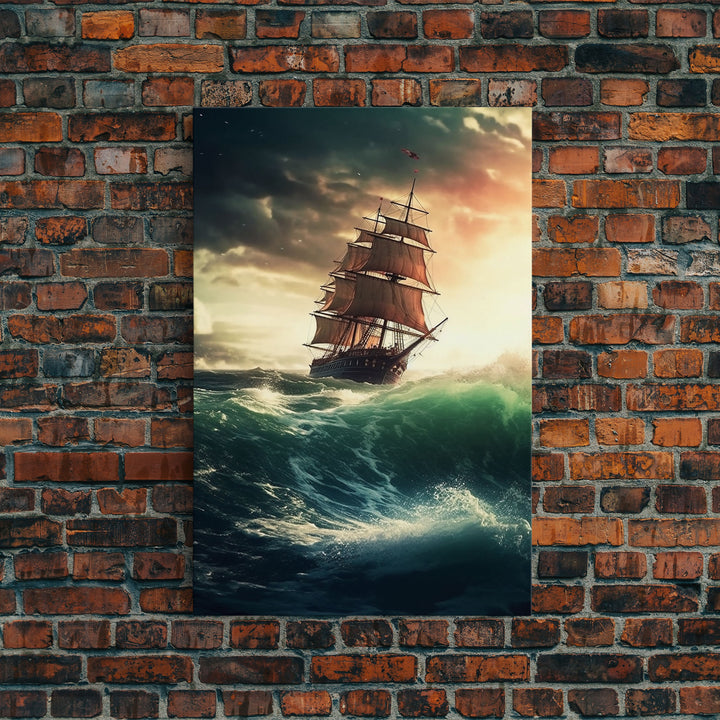 Haunted Pirate Ghost Ship On Rough Seas, Framed Canvas Print, Fantasy Wall Art, Wall Decor, Pirate Wal Art, Gift For Him, Kid's Room